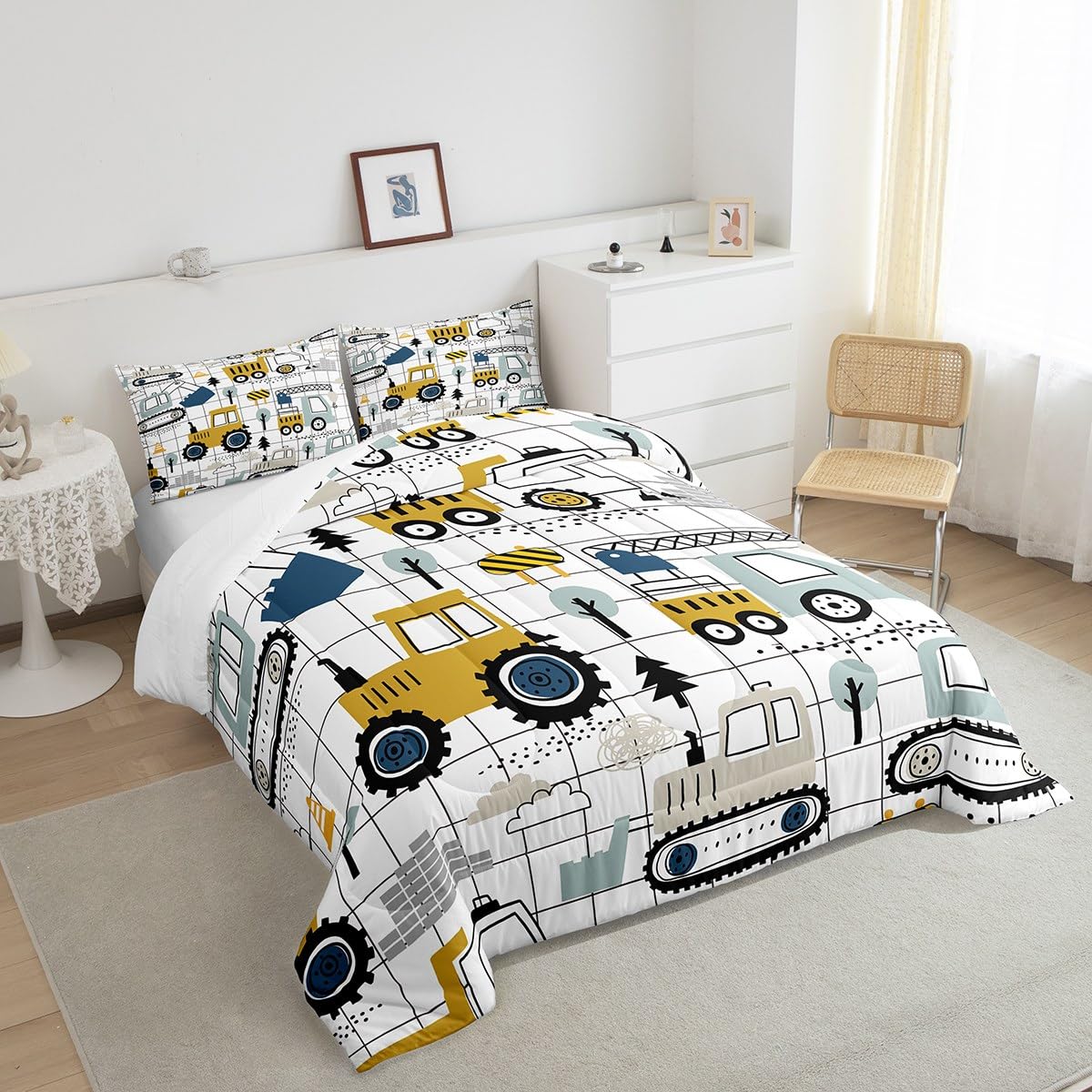 Feelyou Construction Comforter Set Queen Size Kids Excavator Tractor Toddler Comforter Cartoon Car Equipment Trucks Plaid Grid C