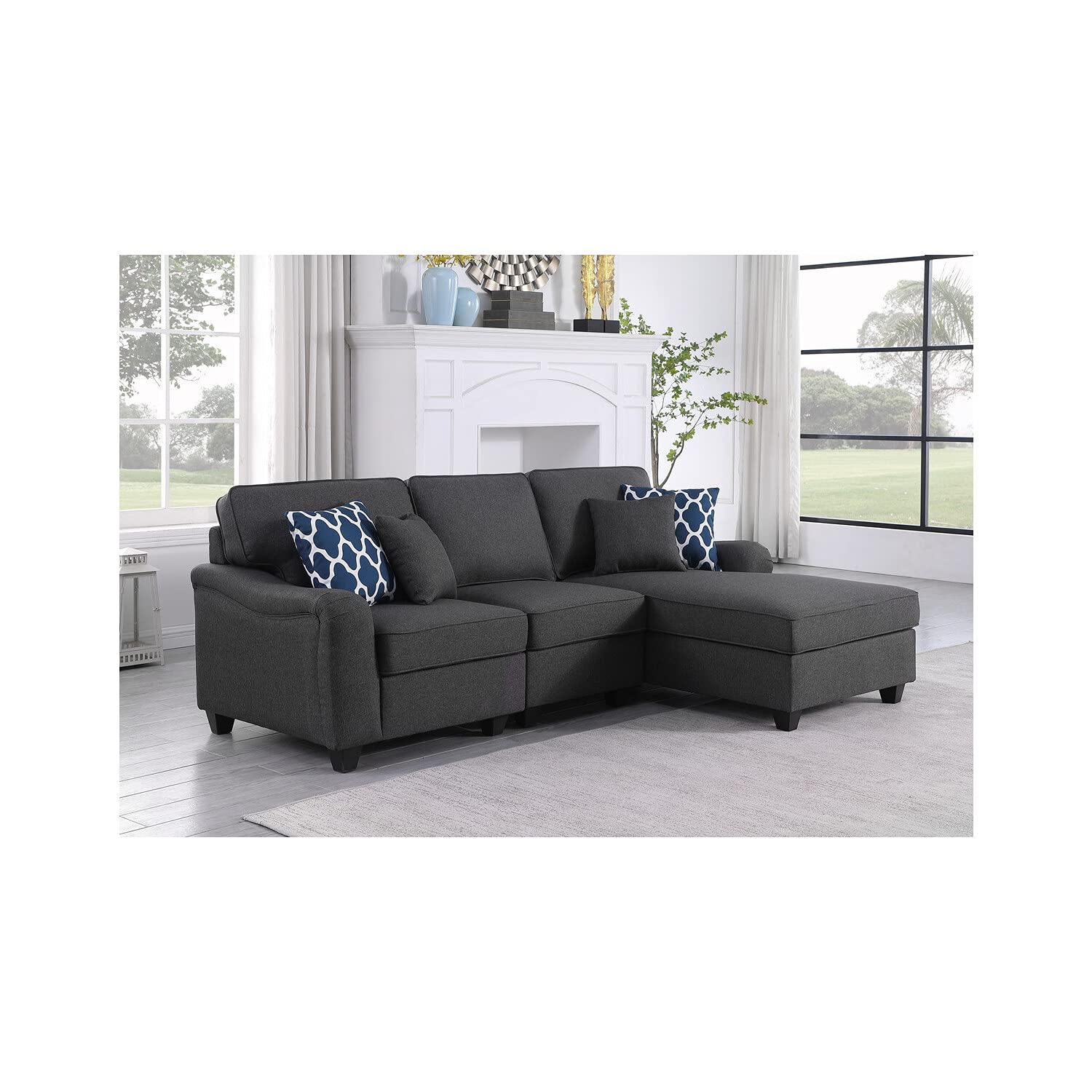 Lilola Home Leo Dark Gray Linen 3Pc Sectional Sofa Chaise