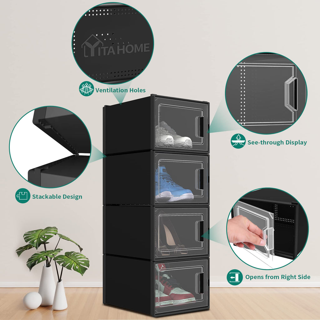 Yitahome Xl Shoe Storage Box, Set Of 12 Shoe Storage Organizers Stackable Shoe Storage Box Rack Containers Drawers - Black-X-Large Size