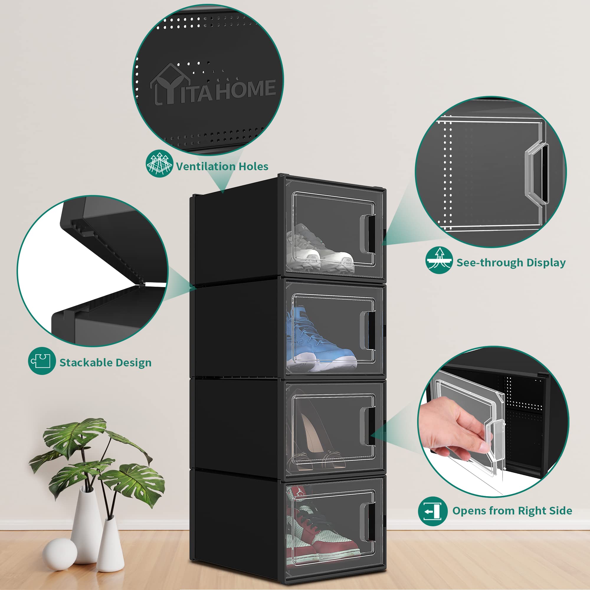 Yitahome Xl Shoe Storage Box, Set Of 12 Shoe Storage Organizers Stackable Shoe Storage Box Rack Containers Drawers - Black-X-Large Size