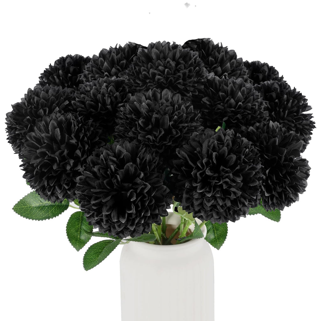 Hananona 12 Pcs Artificial Chrysanthemums Flowers Ball Flowers, Fake Mums Flowers Black Silk Plants for Ghothic Home Decor Indoo