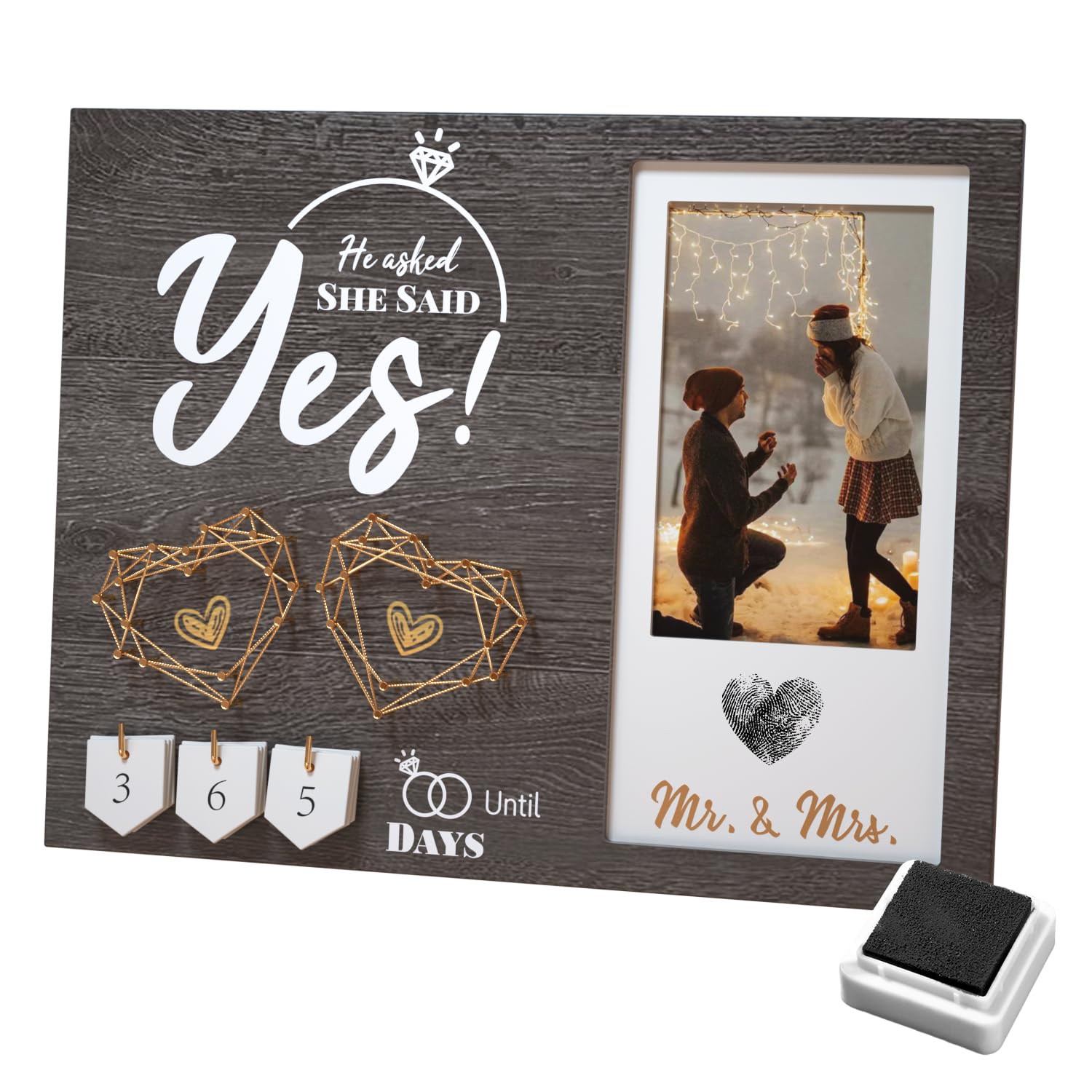 Wovla Engagement Gifts for Couple, Wedding Countdown Heart Thumbprint Engagement Picture Frame and Ink Kit, Best Engagement Gift