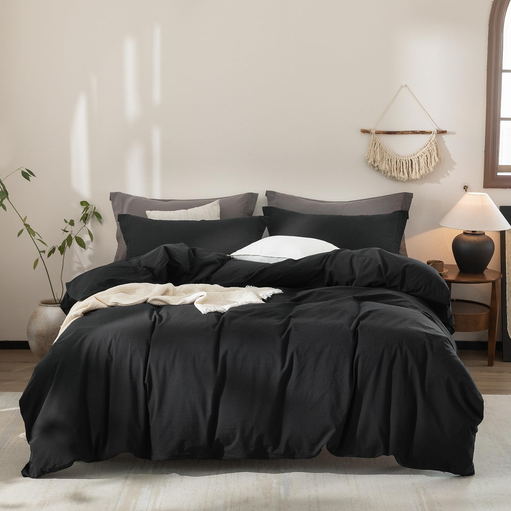 Warm Moment Black Duvet Cover King Size 100% Washed Cotton Bedding Set Cover 1 Duvet Cover With Zipper Closure And 2 Pillowcases