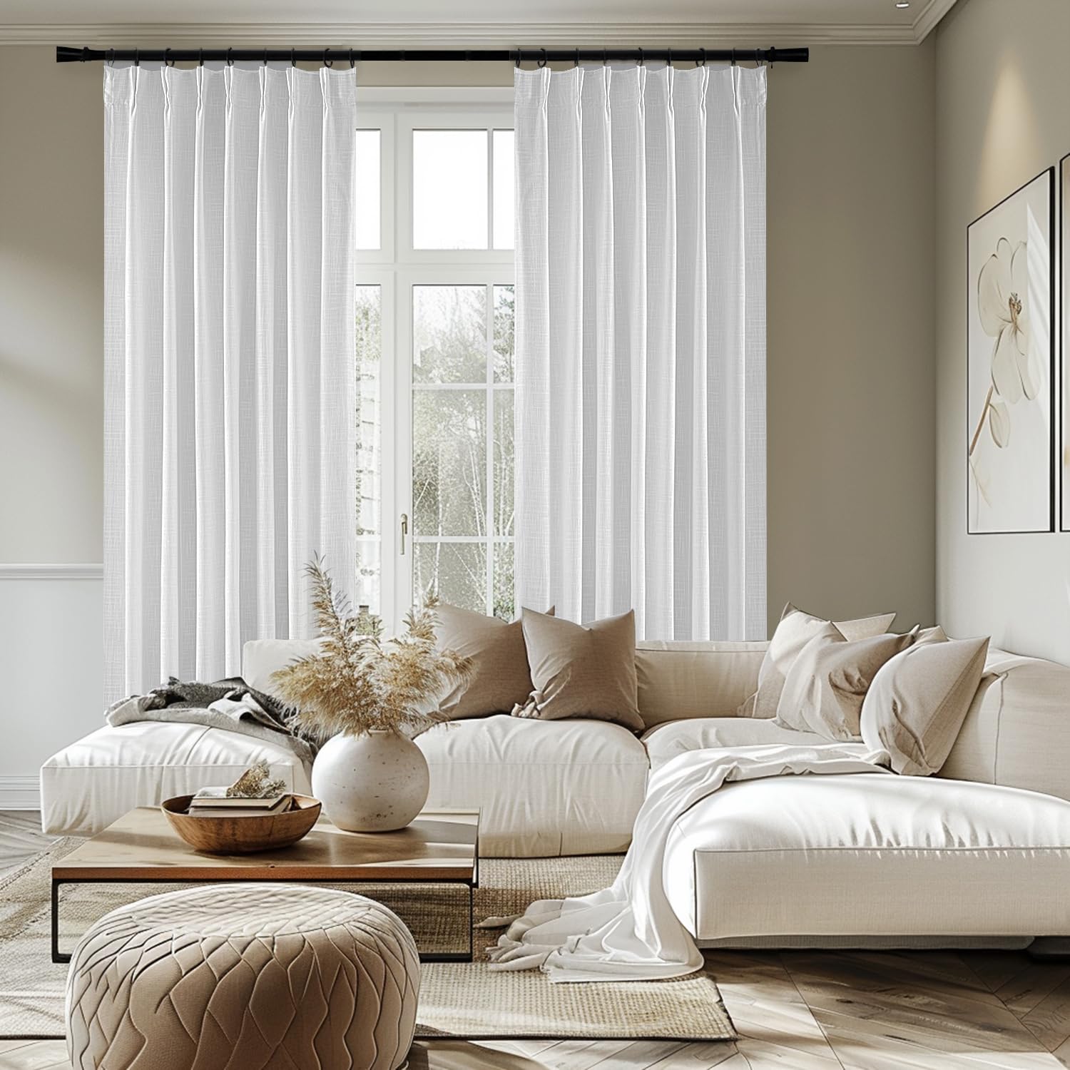Miulee White Pinch Pleated 100% Blackout Linen Curtains For Bedroom, Room Darkening Light Blocking Window Curtains 84 Inches Lon