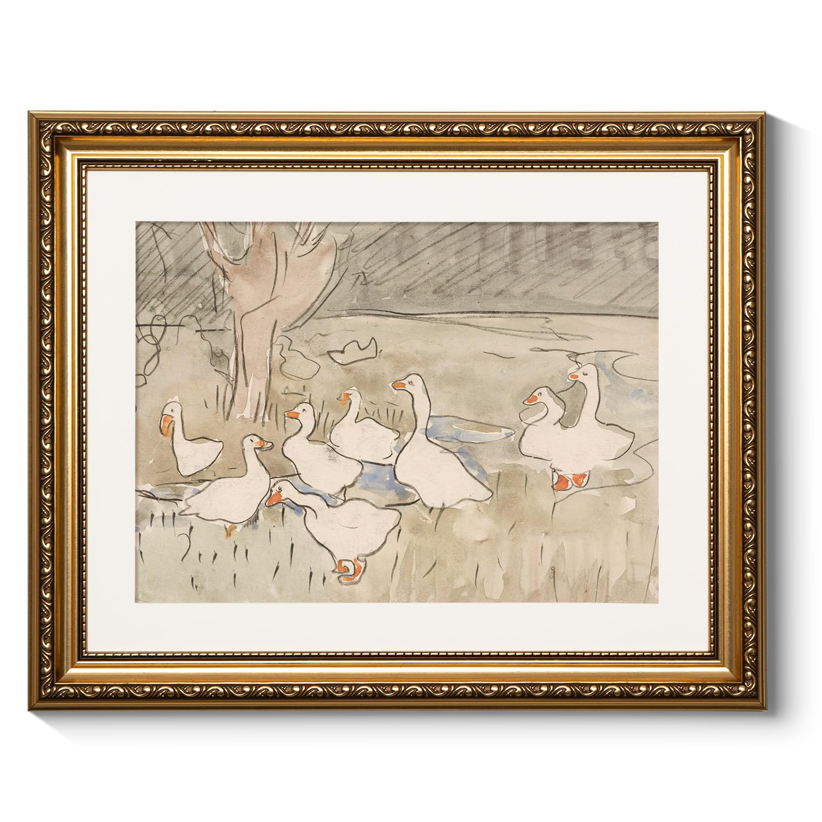 ARPEOTCY Vintage Nursery Wall Art, Farmhouse Cute Duck Paintings, Rustic Gold Framed Canvas Prints Artwork with Antique Frame, W