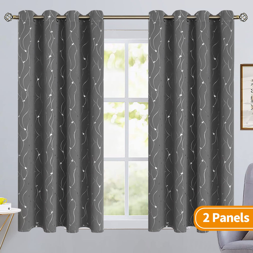 Bgment Blackout Curtains 45 Inches Long, Grommet Thermal Insulated Blackout Curtains With Wave Line And Dots Printed For Bedroom, 2 Panels, Each 52 X 45 Inch, Dark Grey