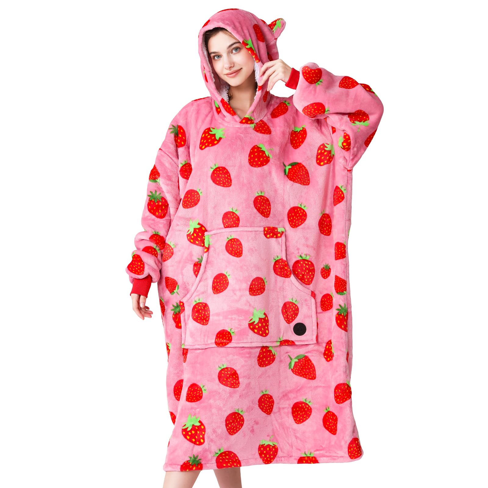 Three Poodle Wearable Blanket Hoodie, Oversized Sherpa Sweatshirt Blanket For Adults Women Men, Warm Cozy Strawberry Hooded Blan