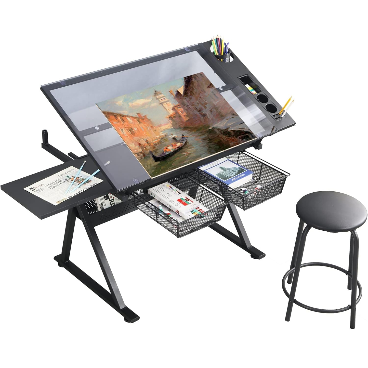 Lifesky Drafting Table Adjustable For Artists - Art Drawing Desk With Storage For Painting Sketching - Glass Top For Painters Illustrators Cartoonists Black