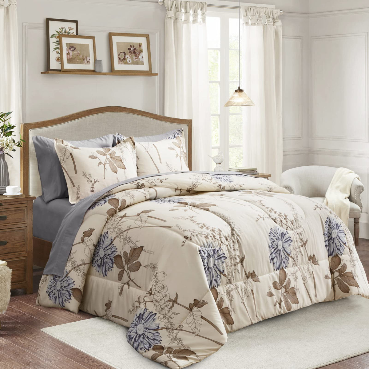 Joyreap 6 Piece Bed In A Bag Twin, Elegant Flower Botanical Smooth Soft Microfiber Floral Comforter Set For All Season (1 Comfor