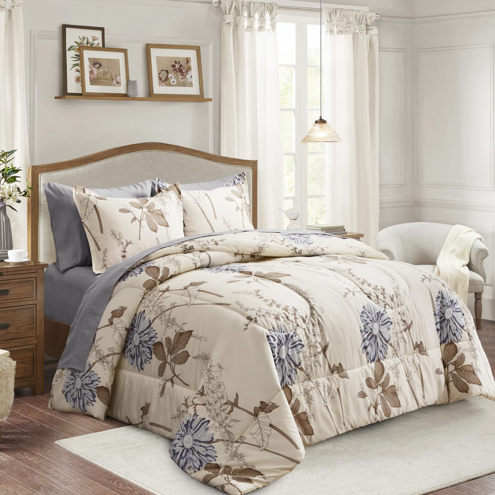 Joyreap 6 Piece Bed In A Bag Twin, Elegant Flower Botanical Smooth Soft Microfiber Floral Comforter Set For All Season (1 Comfor
