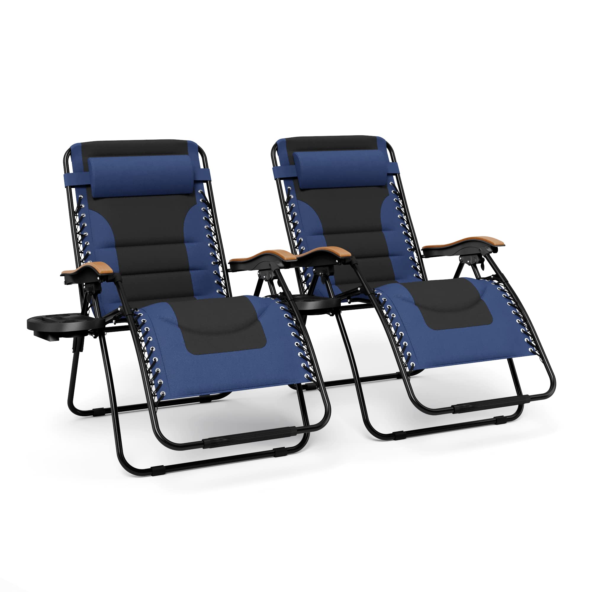 Mfstudio Zero Gravity Chairs Set Of 2, Xl Oversized Outdoor Anti Gravity Chair, Patio Lounge Folding Adjustable Chair With Cup Holder & Padded Headrest, Support 400Lbs,Navy Blue