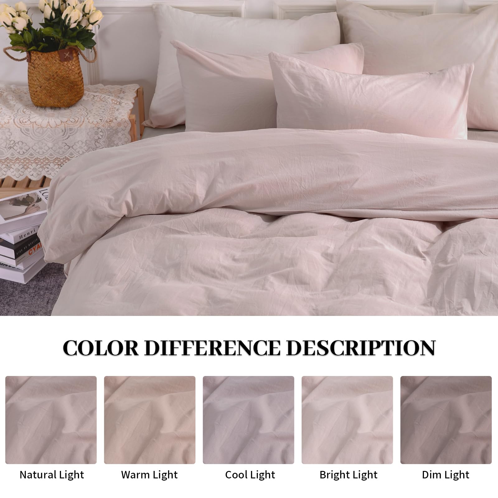 Nexhome Pro Duvet Cover Set 100% Washed Cotton Full Size Linen Feel Textured Organic Natural 3 Pieces Bedding Set Greyish Light Pink With Zipper Closure And Corner Ties, Breathable(No Comforter)