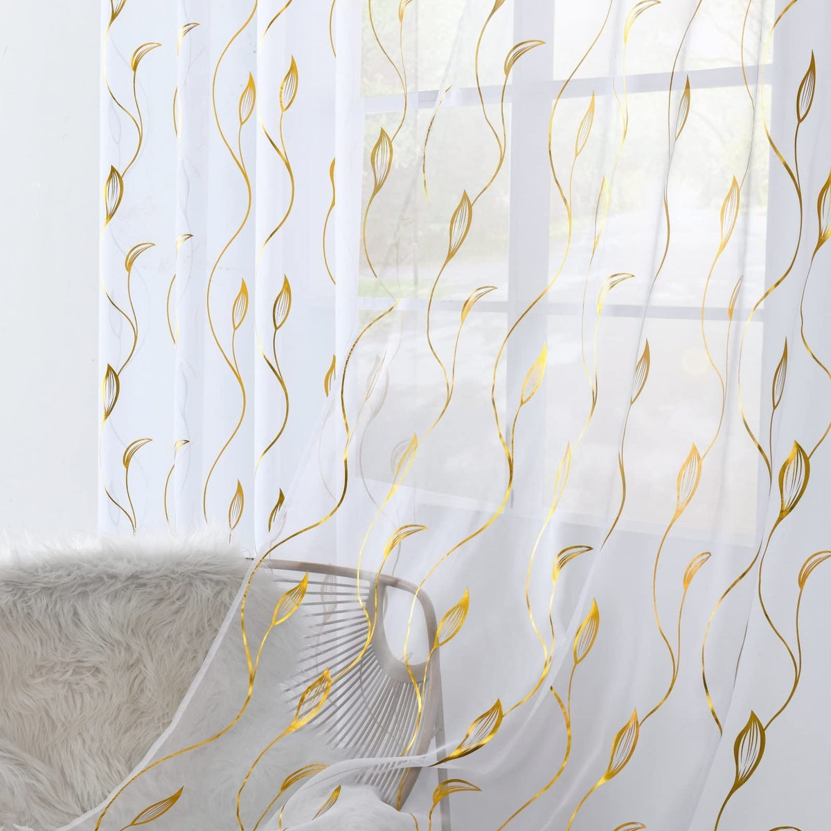 Youleyar Gold Foil Print Voile Sheer Curtains,Wicker Grommet Top Window Drapes 63 Inches Long, Luxury Metallic Bronzing Treatmen