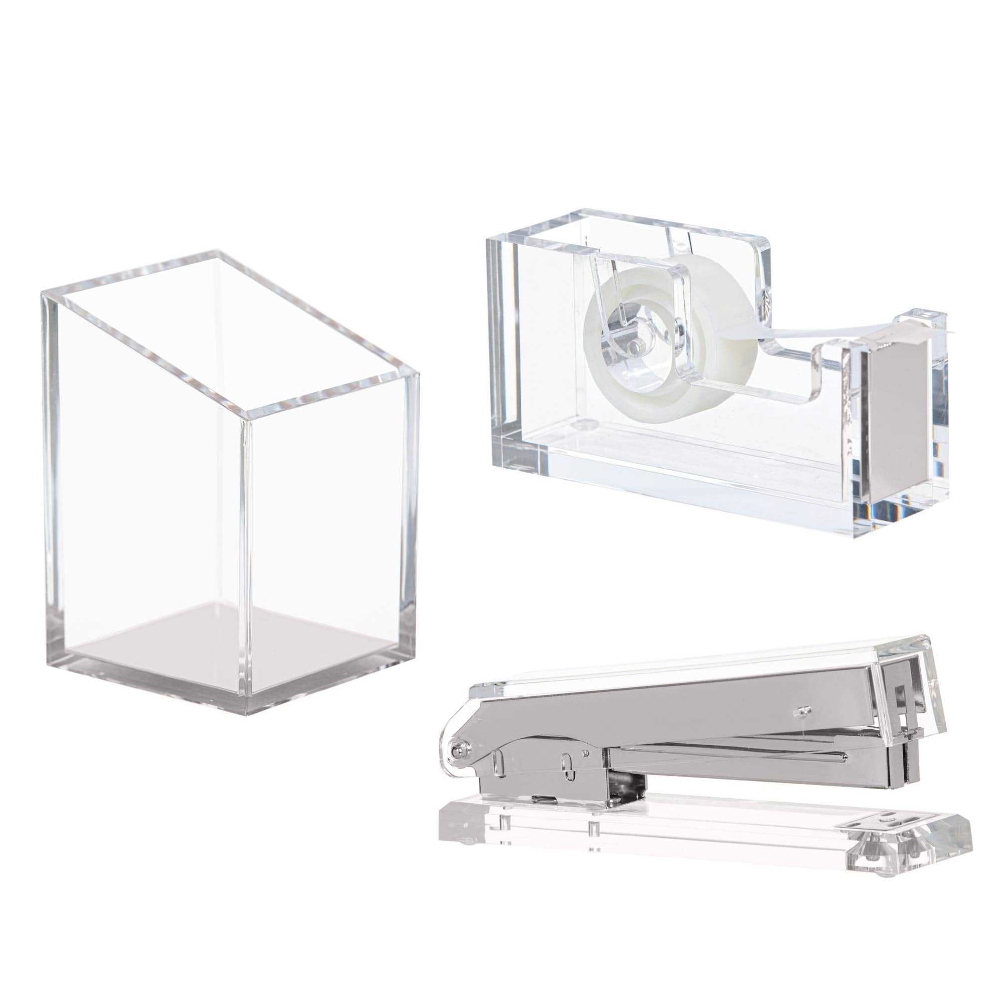 Punch & Stick | Stationery & Desk Accessories | Pen Holder, Stapler & Tape Dispenser | Silver & Clear Acrylic Lucite | Office De