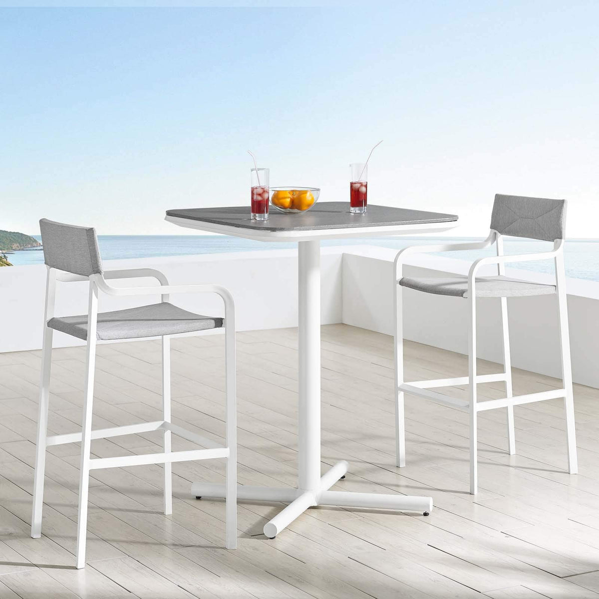 Modway Raleigh Outdoor Patio Aluminum Bar, 3 Piece Set, White Gray