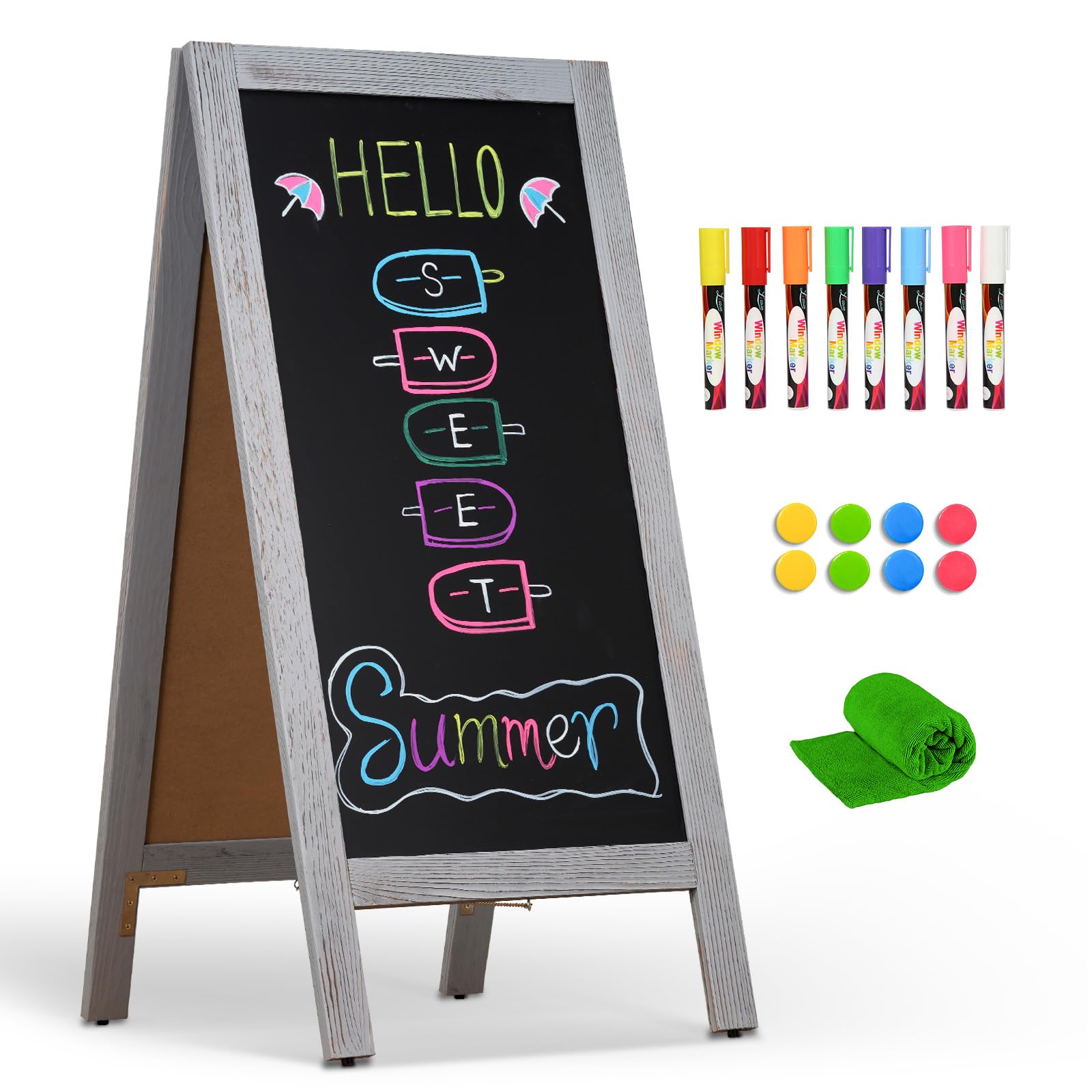 4 Thought Double-Sided Magnetic Chalkboard 40'X20' A-Frame - Vintage Pine Wood Sign Board With Windproof Base, 8 Markers & Mag