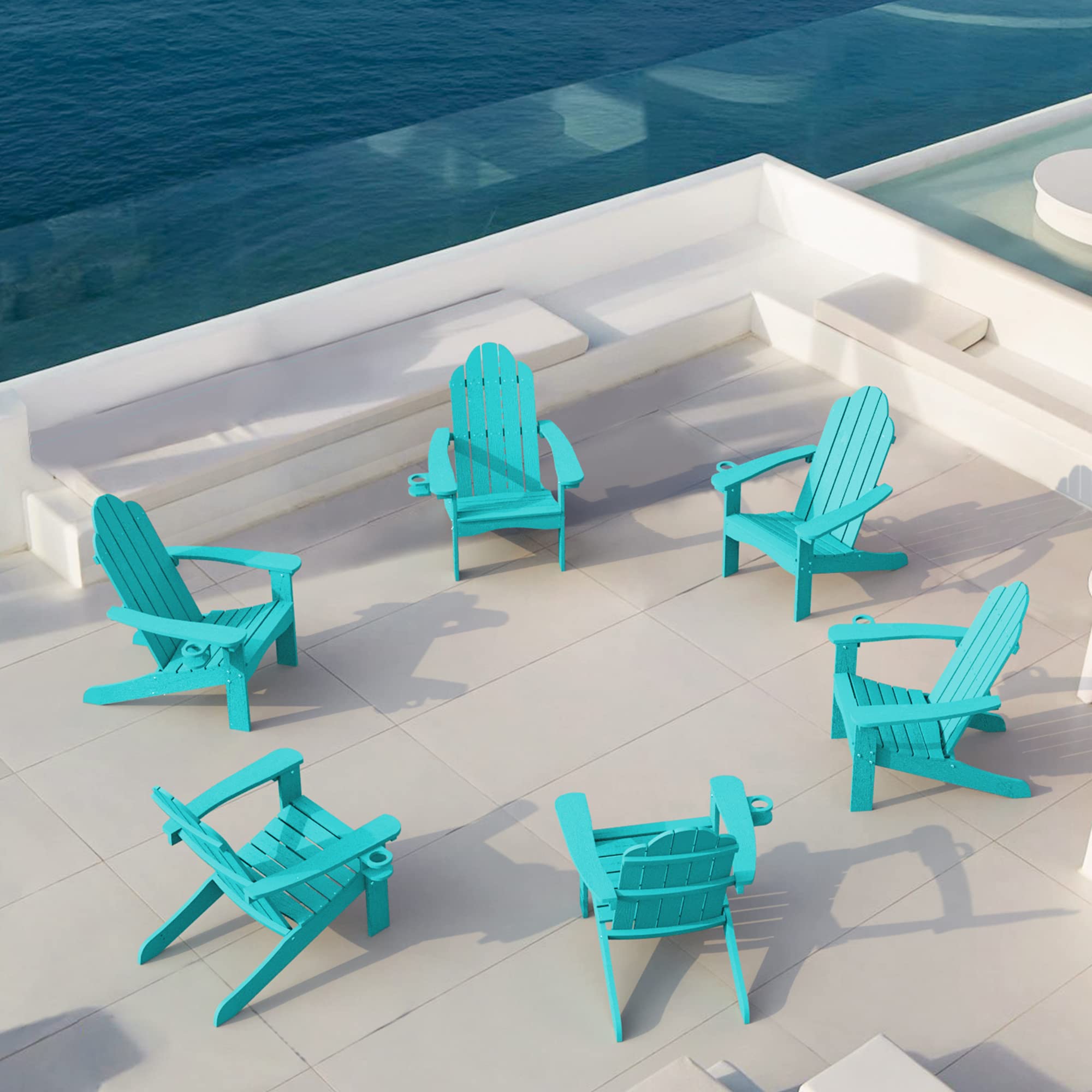 Lue Bona Hdps Adirondack Chairs Set Of 6, Fire Pit Outdoor Chair Weather Resistant With Cup Holder, Modern Plastic Chair Plastic For Patio, Deck, Proch, 350Lbs, Aruba Blue