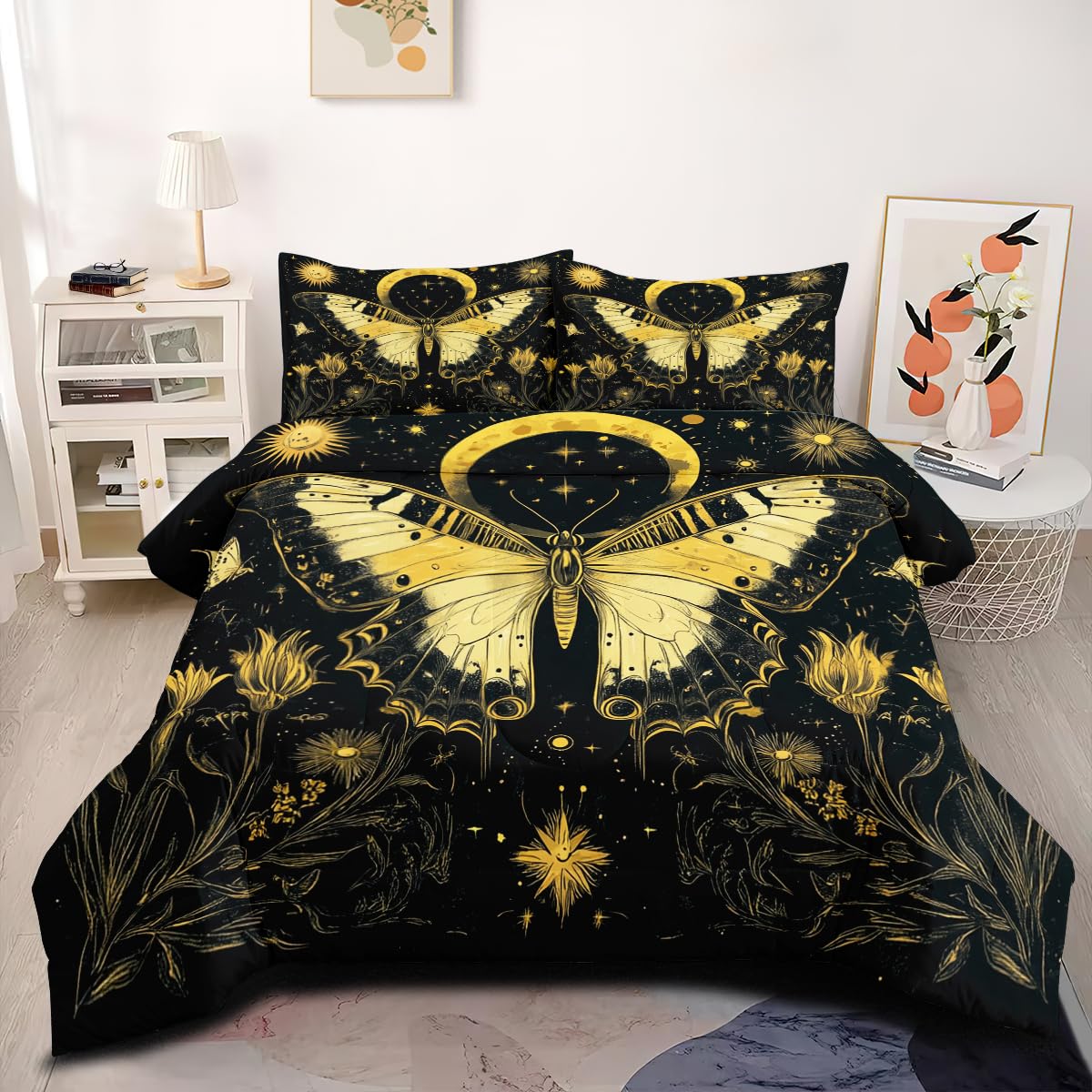 Ccoutuechen Boho Butterfly Comforter Set King Size Sun And Moon Bedding Set Black Quilt Set For Girls Kids - 3Pcs Soft Fluffy Mi