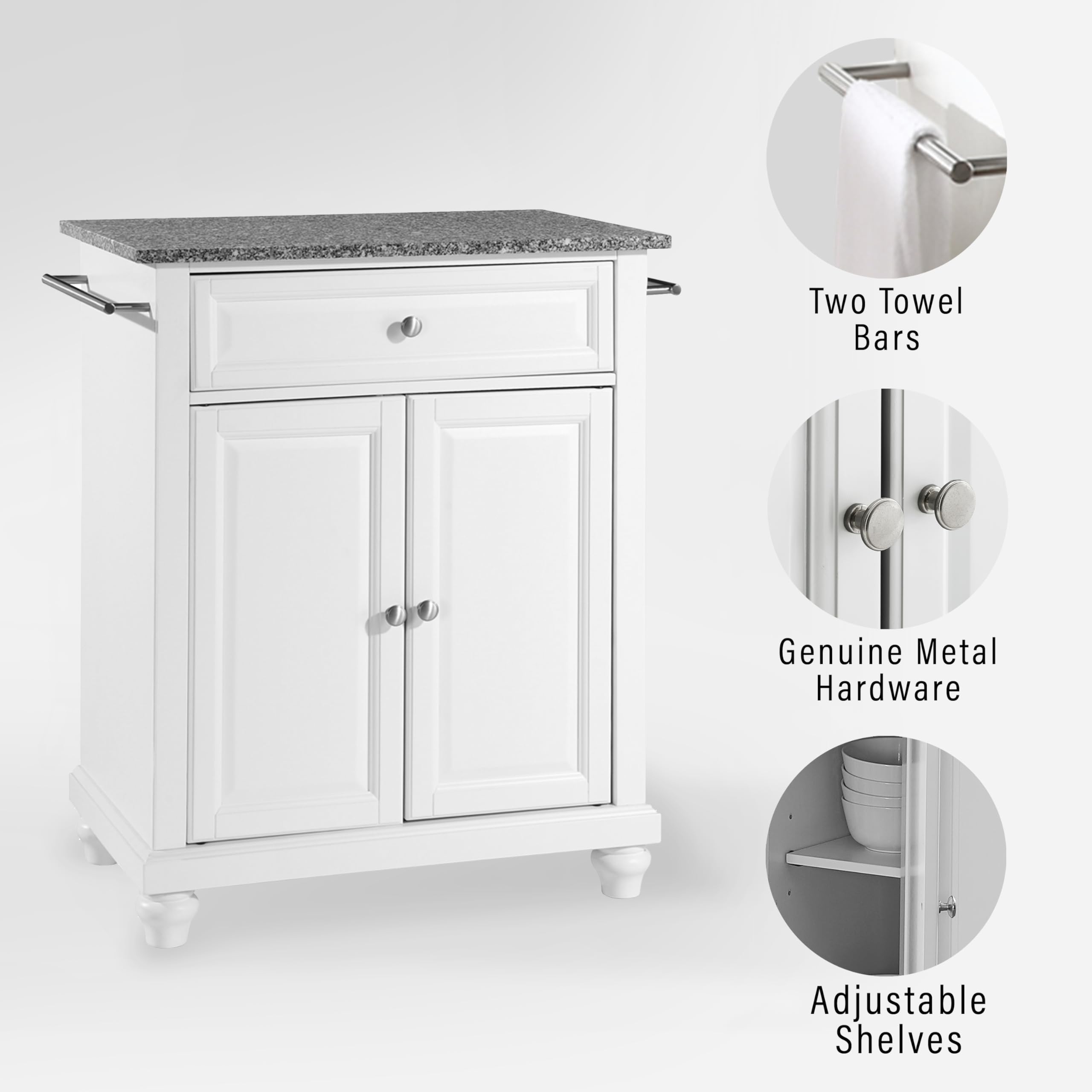 Crosley Furniture Cambridge Granite Top Small Portable Rolling Kitchen Island Storage Cart, Microwave Stand, White