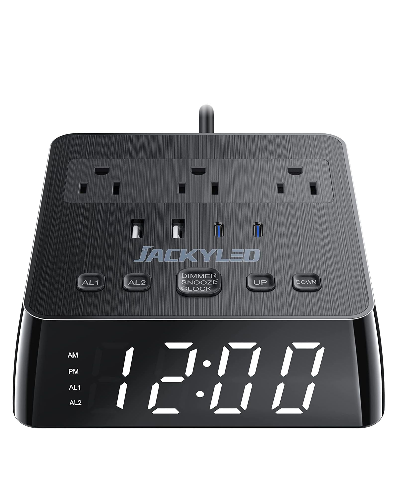 JACKYLED Alarm Clock with 4 USB Chargers Power Strip 3 Outlets 1700J Surge Protector Nightstand Dimmable Digital Clock with Dual