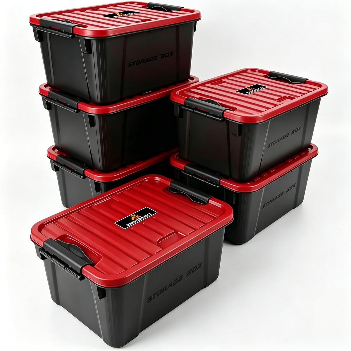 ekoaekoa 6 Pack Black and Red Heavy Duty Storage Box with Lid, 10.6 QT Plastic Storage Bin Set, Stackable Storage Containers, Ga