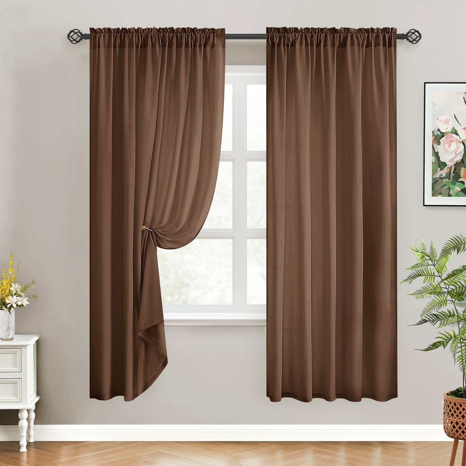 Homeideas Non-See-Through Brown Privacy Sheer Curtains 52 X 72 Inches Long 2 Panels Sheer Curtains Light Filtering Window Curtains Drapes For Bedroom Living Room