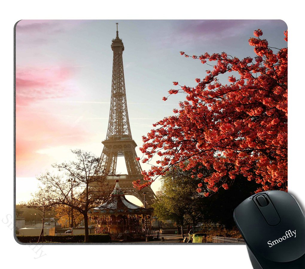 Smooffly France Paris Mouse Pad, Spring Morning With Eiffel Tower, Cityscape Red Flower Personality Desings Gaming Mouse Pad