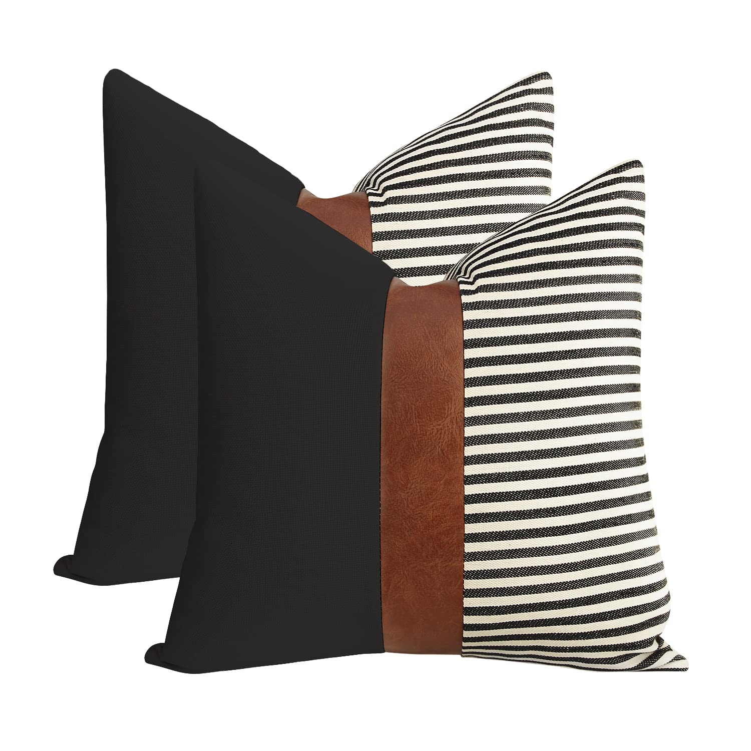 Cygnus 20X20 Pillow Covers Set Of 2 Farmhouse Decor Stripe Patchwork Linen Throw Pillow Covers Modern Faux Leather Covers For Co