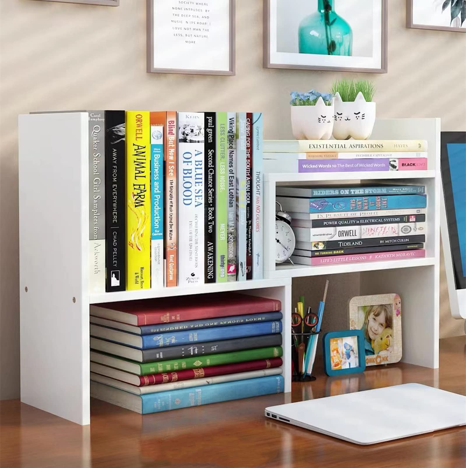 Aleiodvn Expandable Wood Desktop Bookshelf,Desktop Organizer Office Storage Rack,Free Style Rotation Display Shelf,Adjustable De