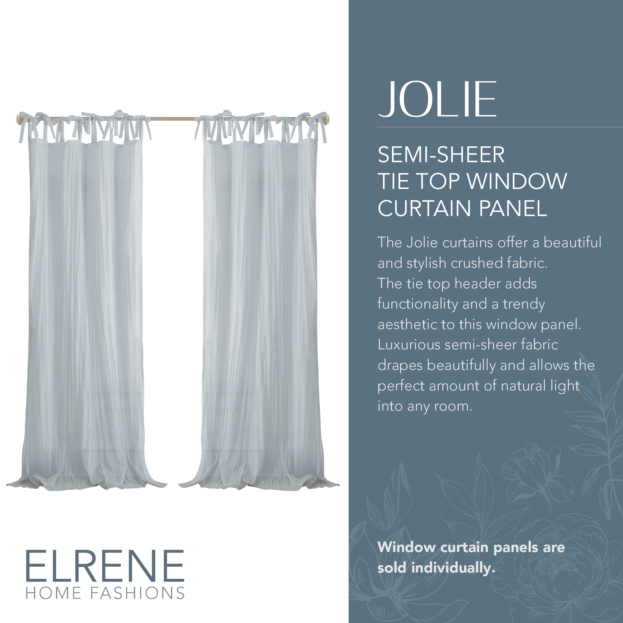 Elrene Home Fashions Jolie Crushed Semi-Sheer Window Curtain, Adjustable Tie-Top Single Panel, 52'' X 84'' (1 Panel), Soft Blue