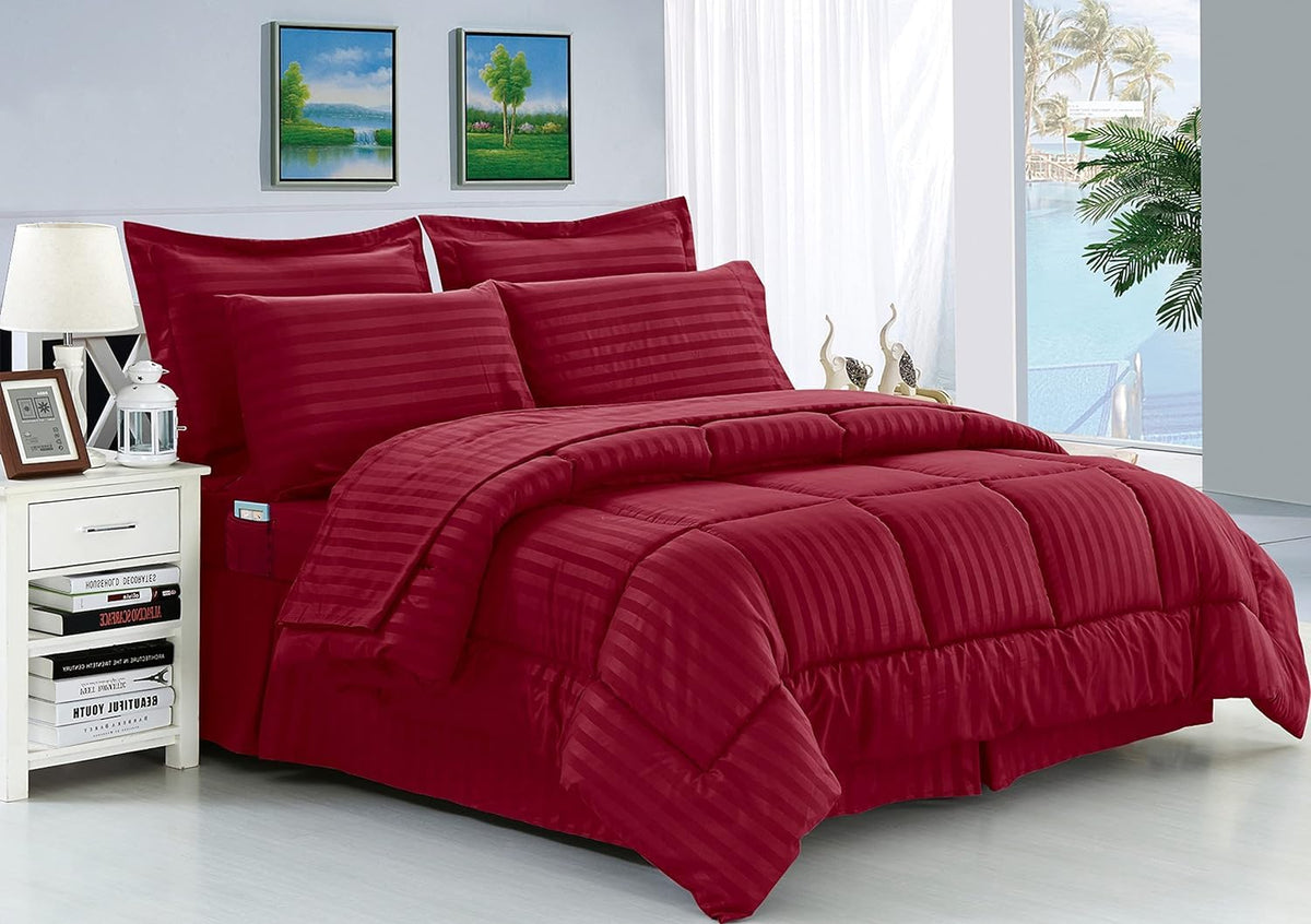 Elegant Comfort Silky Soft 8-Piece Dobby Stripe Bed-In-A-Bag Comforter Set, Includes 4Pc Smart Sheet Set, Bed Skirt, Comforter, Matching Pillowcases And Shams - Twin/Twin Xl, Burgundy