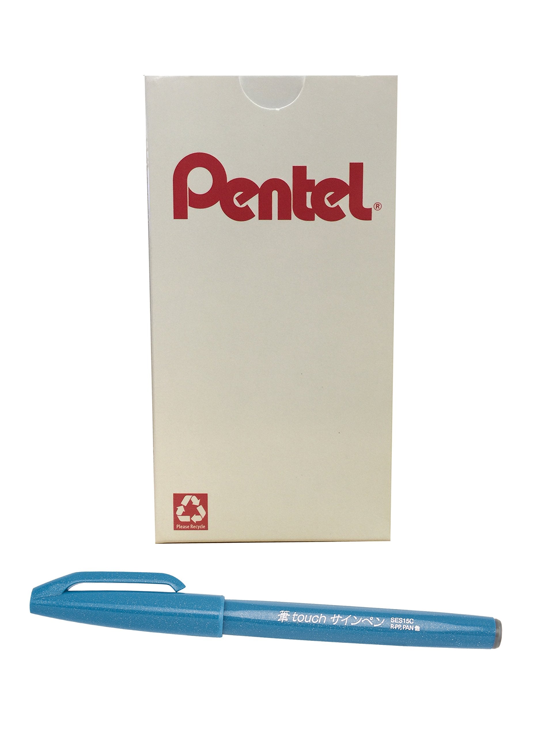 Pentel Arts Sign Pen Touch, Fude Brush Tip, Sky Blue Ink, Box Of 12 (Ses15C-S)