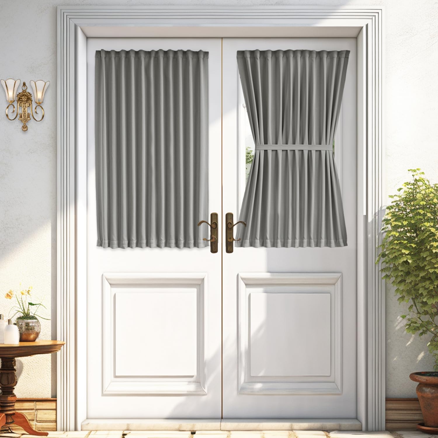 Vatge French Door Curtains for Door Window, Rod Pocket Front Door Curtains for Glass Window, 1 Panel, W54 x L40, Silver Grey