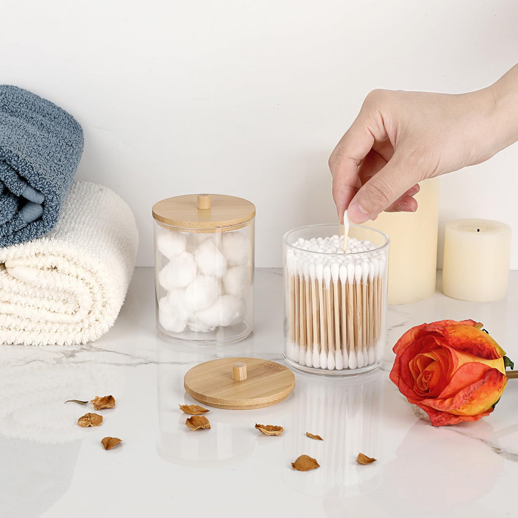 Hipiwe 2 Packs Acrylic Qtip Holder Dispenser With Lid Clear Plastic Bathroom Canisters Round Apothecary Jar Set Cotton Swab And