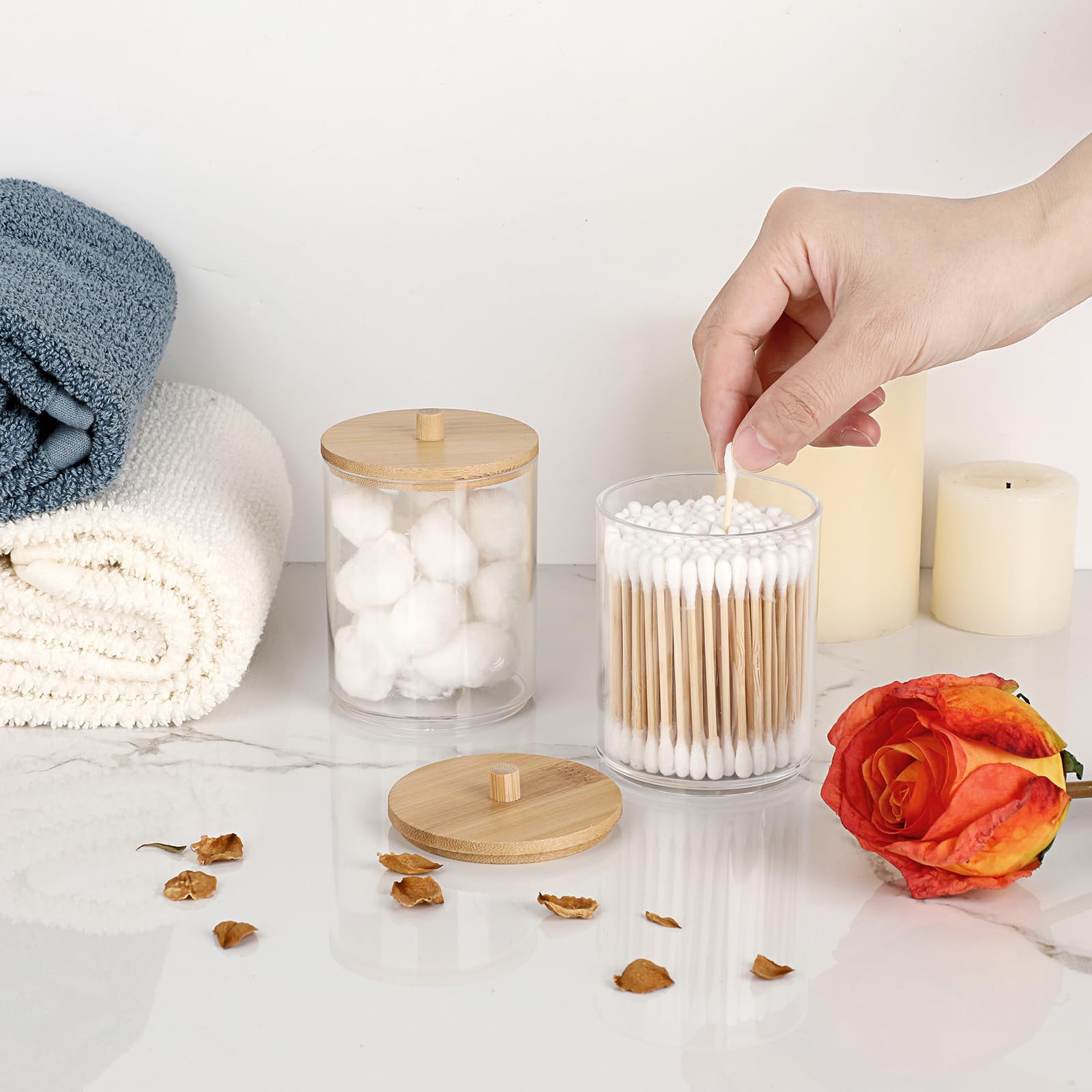 Hipiwe 2 Packs Acrylic Qtip Holder Dispenser With Lid Clear Plastic Bathroom Canisters Round Apothecary Jar Set Cotton Swab And