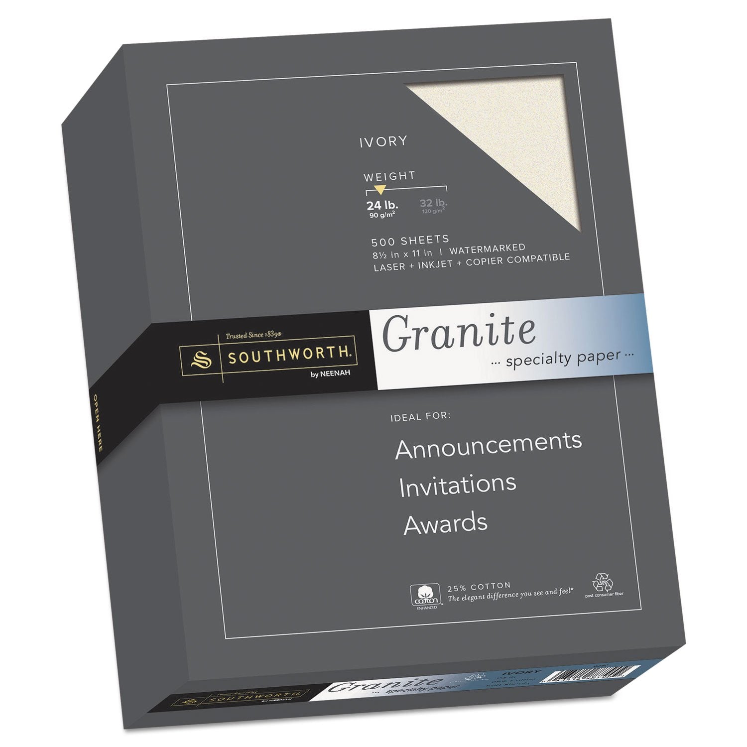 Southworth 934C Granite Specialty Paper Ivory 24 Lbs. 8-1/2 X 11 25% Cotton 500/Box