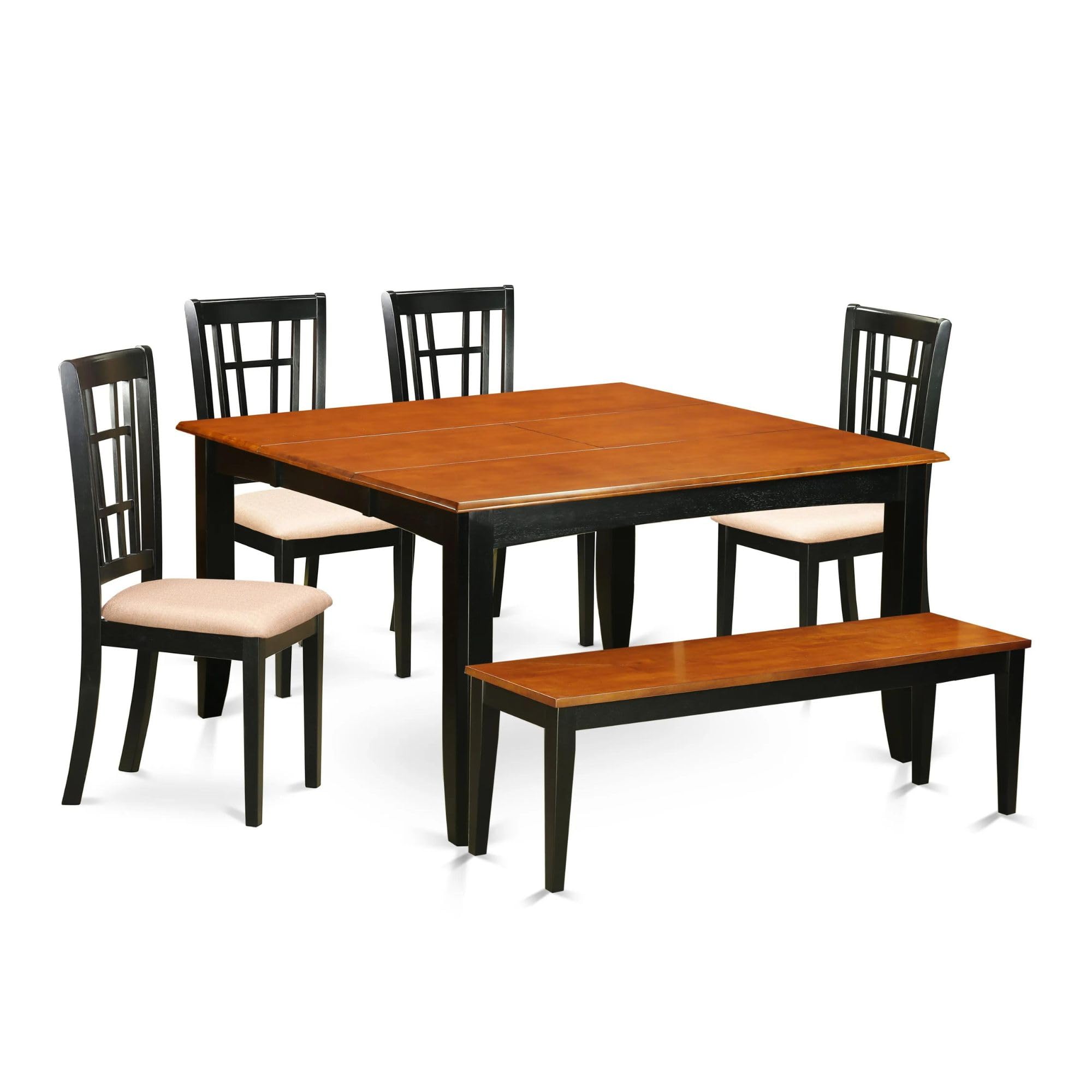 East West Furniture PFNI6-BCH-C 6 Piece Dining Room Furniture Set Contains a Square Kitchen Table with Butterfly Leaf and 4 Linen Fabric Dining Chairs with a Bench, 54x54 Inch, Black & Cherry