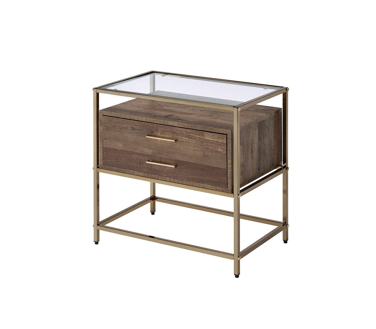 Acme Knave 2-Drawer Wooden Accent Table with Glass Top in Walnut and Champagne