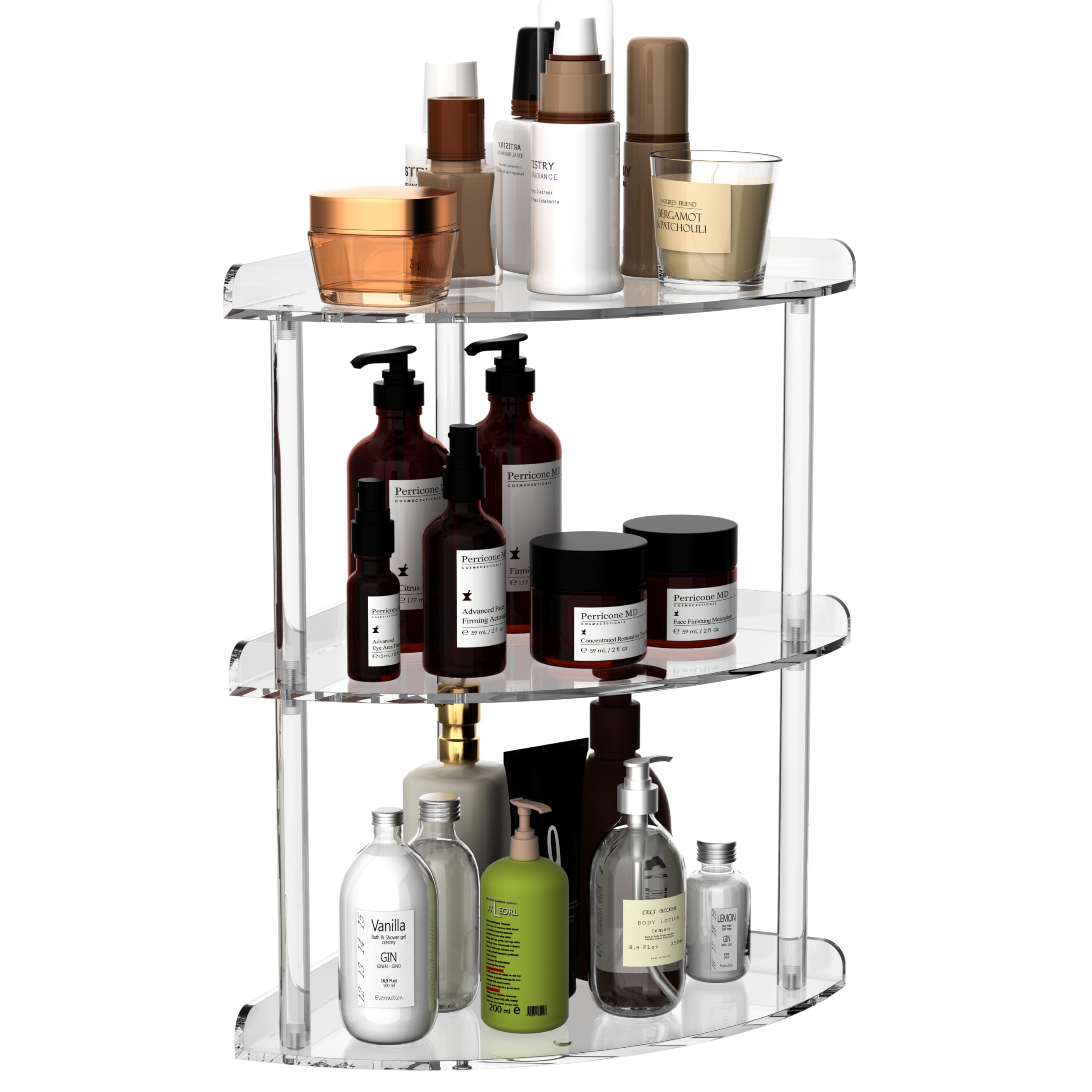 Sezanrpt 3 Tier Acrylic Corner Shelf Organizer Storage 9.5X9.5X15.7 Inch, Transparent Countertop Corner Shelf For Bathroom, Kitchen, Bedroom, Office, Study Room