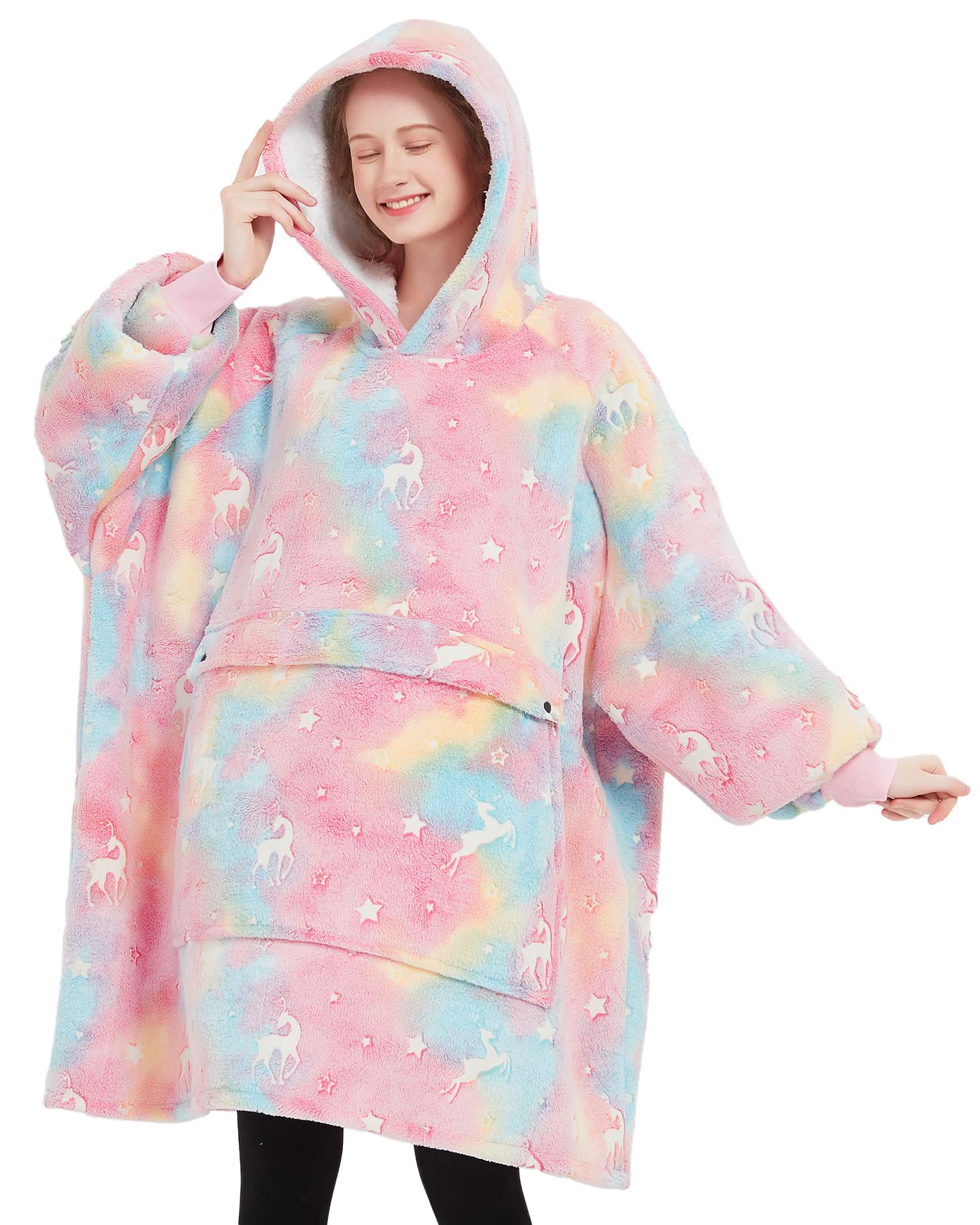 Glow In The Dark Wearable Blanket Hoodie For Adults Sherpa All Patterns Oversized Sweatshirt Blanket With Pockets Cute Gifts For