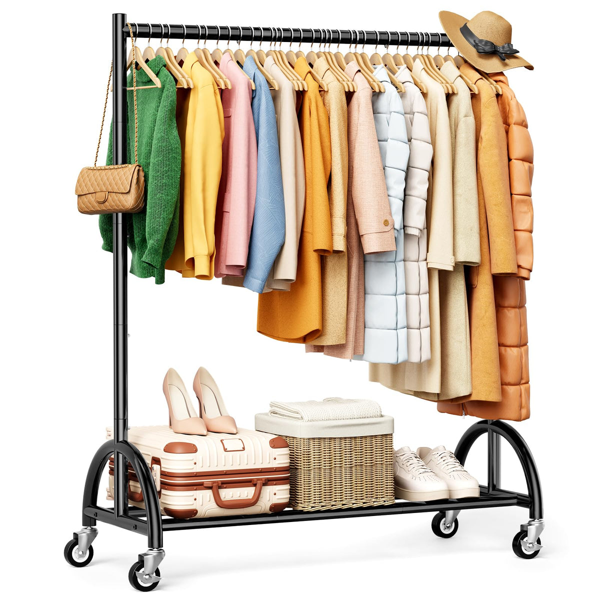 KEETDY Heavy Duty Clothing Racks for Hanging Clothes Heavy Duty Clothes Rack Rolling Garment Rack with Wheels Freestanding Close
