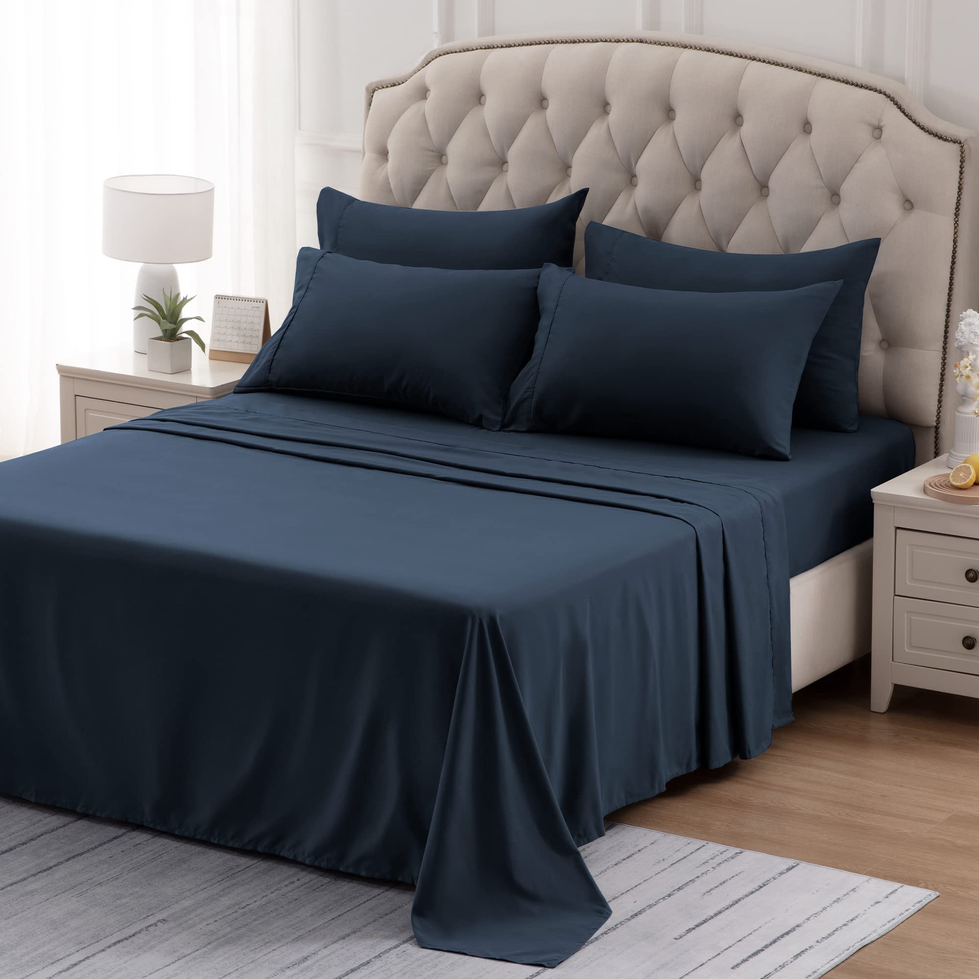 Sleep Zone Nanotex Super Soft Cooling Twin Bed Sheets Set For Kids 3 Piece - Easy Care Fitted Flat Sheet & Pillowcase Sets - Wrinkle Free, Fade Resistant, Deep Pocket 16' (Navy Blue, Twin)