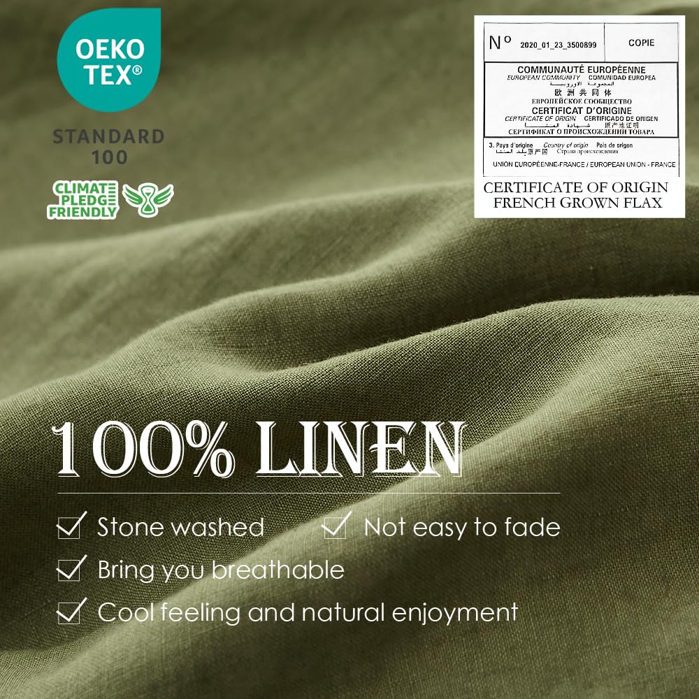Simple&Opulence 100% Linen Duvet Cover Set 3Pcs Basic Style Natural French Washed Flax Solid Color Soft Breathable Farmhouse Bedding With Button Closure - Olive Green, Full