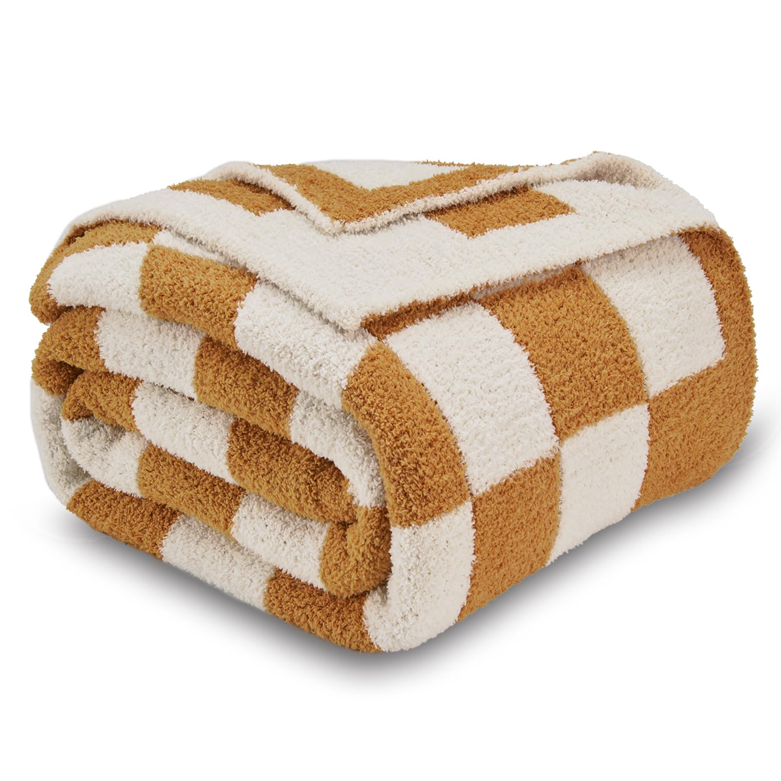Cozecube Checkered Blanket, Ultra Soft Cozy Brown Orange Checkered Throw Blanket, Warm Fluffy Checkerboard Throw Blanket, Orange
