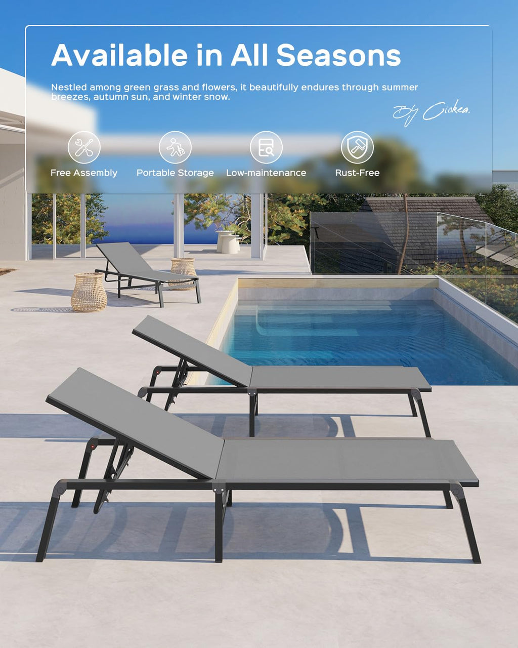 Aluminum Chaise Lounge Ourdoor - Foldable & Assemble Free Outdoor Lounge Chair With 5 Adjustable Backrest, Patio Lounge Chair For Outside Poolside Beach Pool, Grey