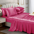 Horbaunal 6 Piece Satin Sheet Set Queen Size Luxury Silky & Soft Hot Pink Satin Queen Bed Sheet Set with 16'' Deep Pocket, 1 Fit