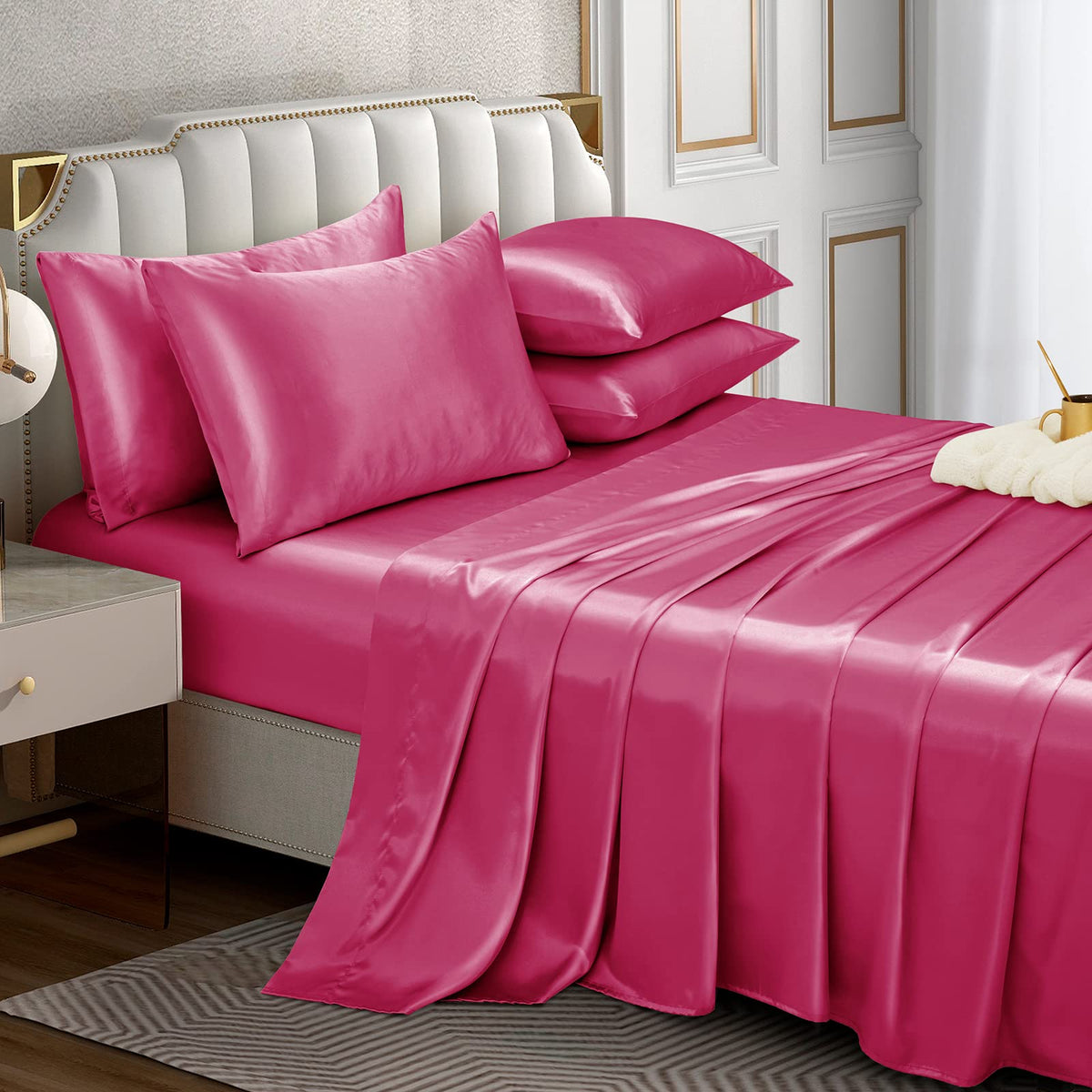 Horbaunal 6 Piece Satin Sheet Set Full Size Luxury Silky & Soft Hot Pink Satin Full Bed Sheet Set With 16' Deep Pocket, 1 Fitte
