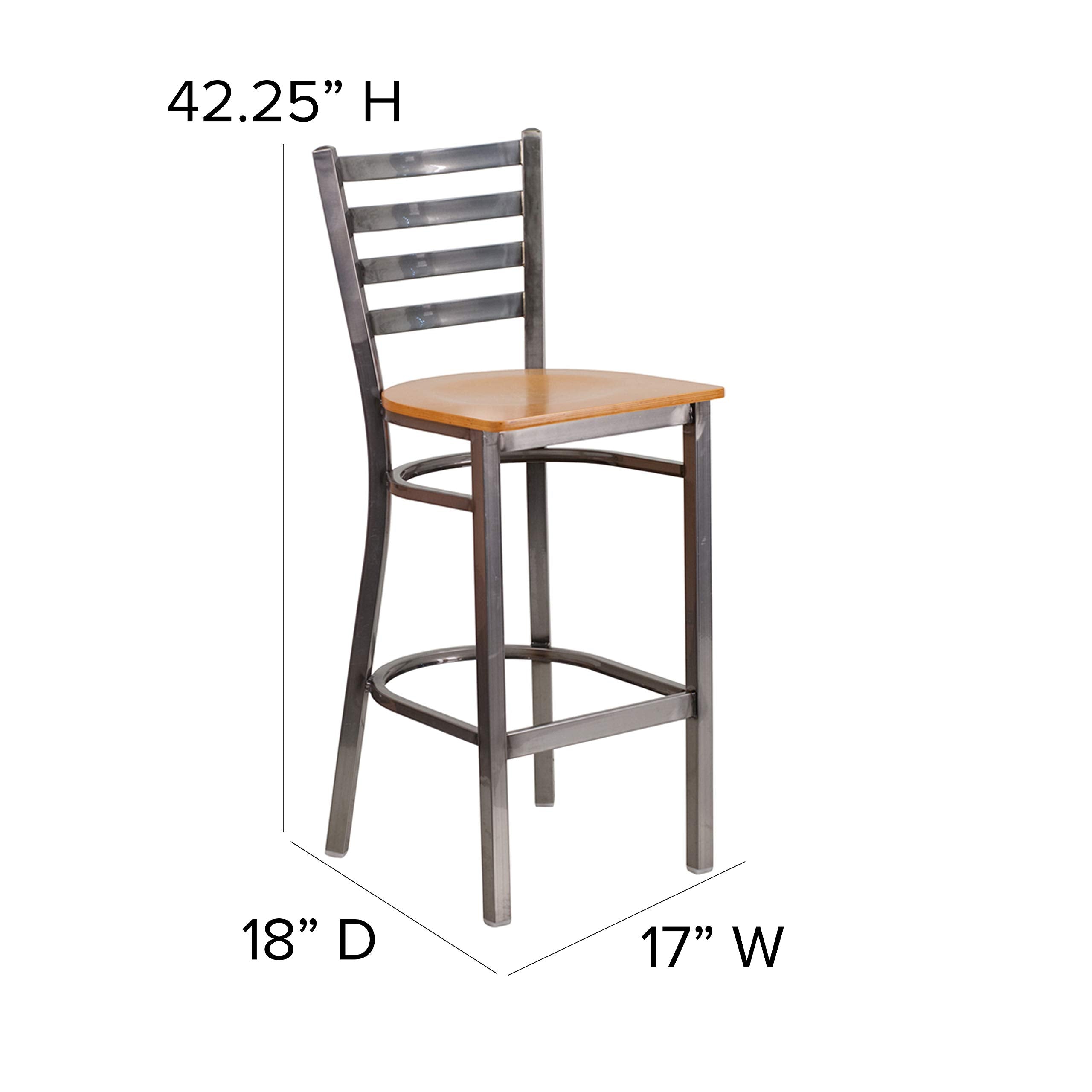 Flash Furniture Hercules Series Clear Coated Ladder Back Metal Restaurant Barstool - Natural Wood Seat (Pack Of 1)