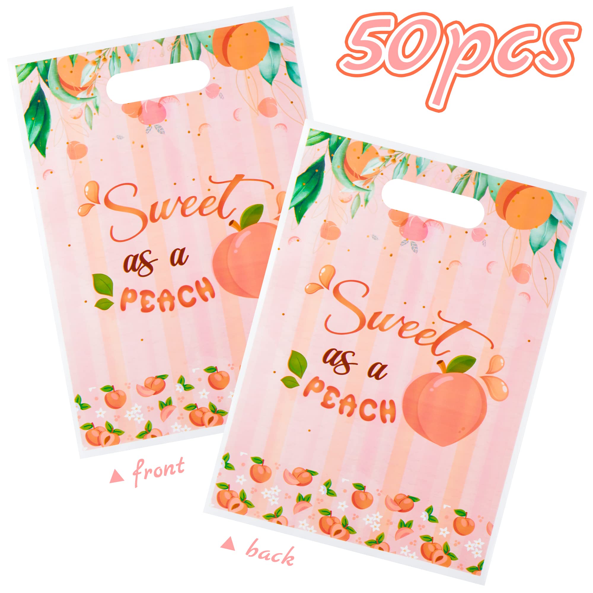 Haooryx 50Pcs Sweet As A Peach Party Favor Bags, Plastic Goodie Candy Bag Gift Wrapping Bags Birthday Gift Accessories Treat Bag