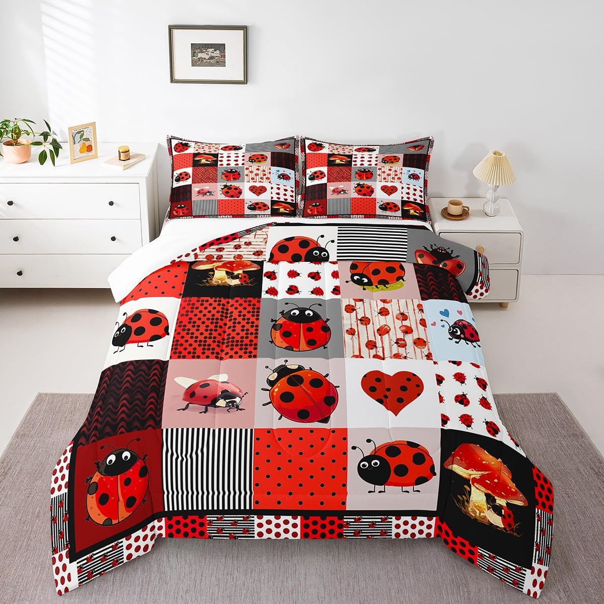 Cute Ladybug King Size Comforter Set,Kids Red Black Polka Dots Decor All Season Bedding Set,Teens Geometric Grid Comforter,Ladyb